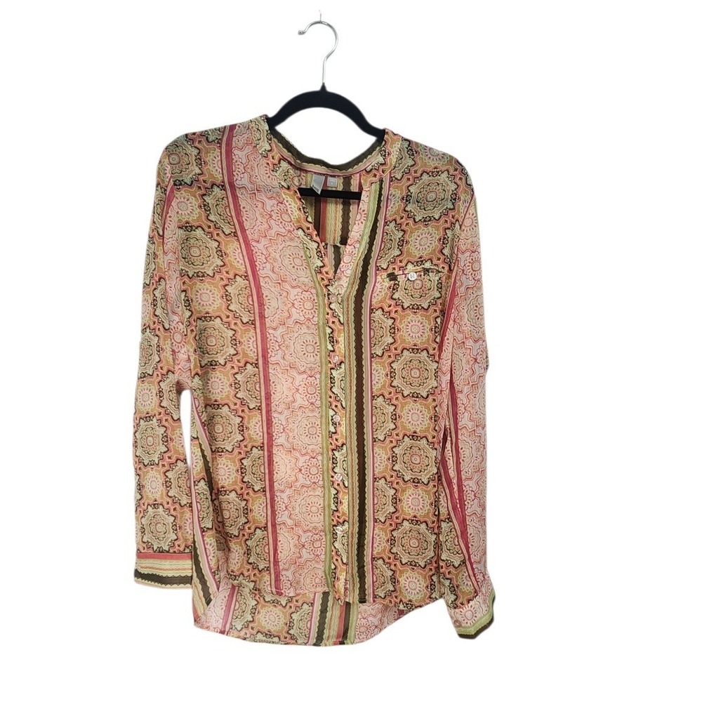 KUT from the Kloth Womens Large Pink Green Medallion Stripe Button Blouse Boho